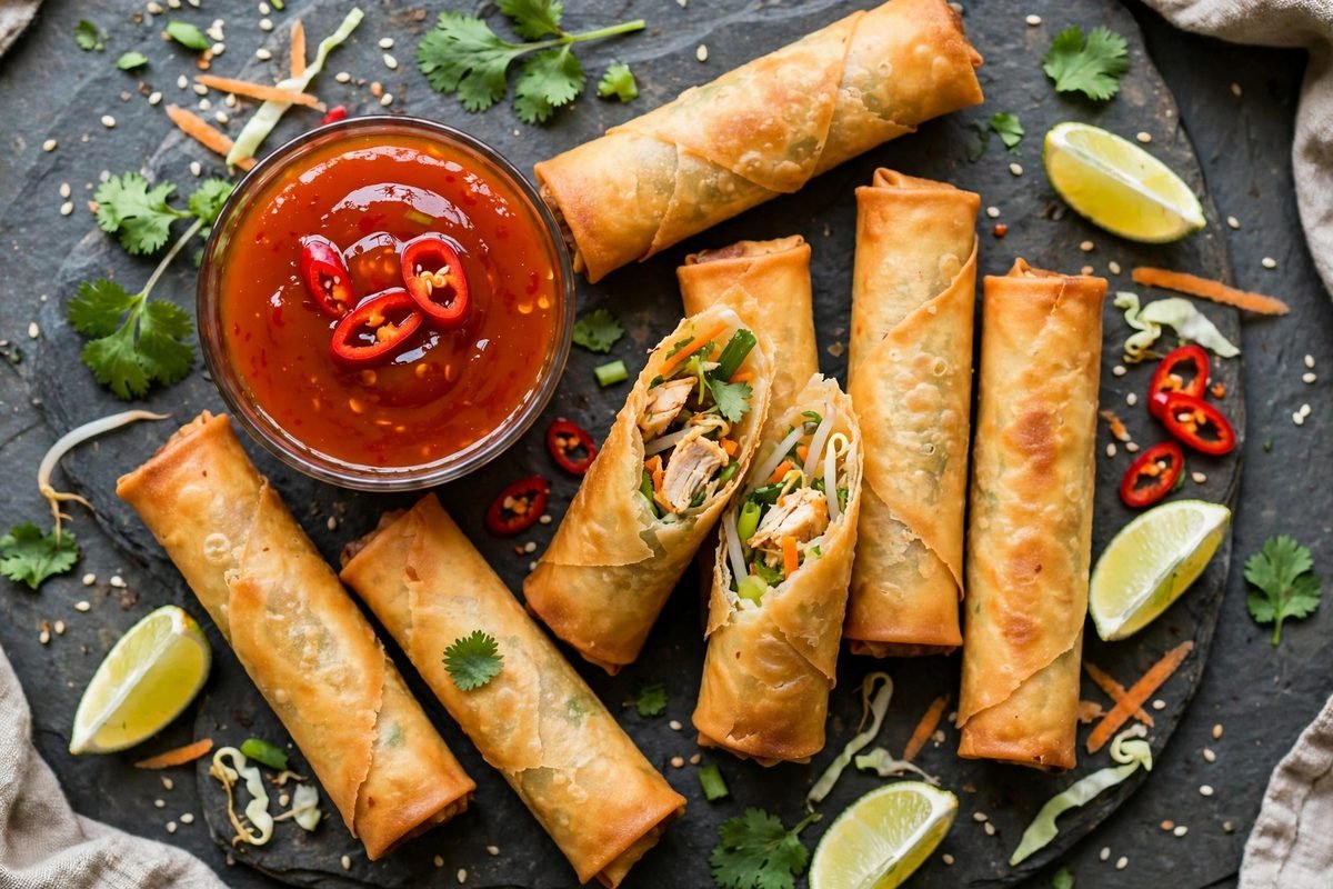 Chicken & Vegetable Spring Rolls — finished dish, photographed from above