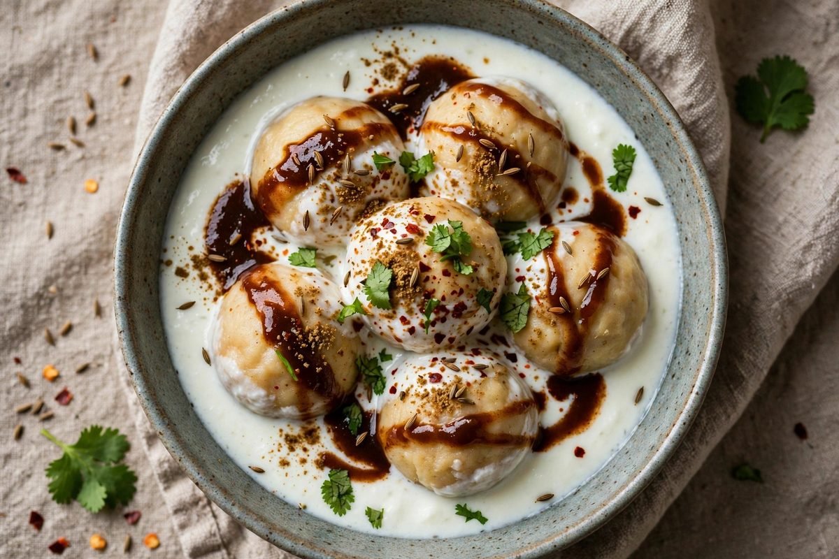 Dahi Baray (Lentil Dumplings in Yogurt) — finished dish, photographed from above