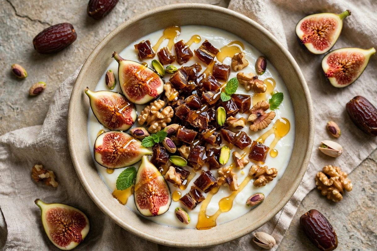 Dates & Laban Breakfast Bowl — finished dish, photographed from above