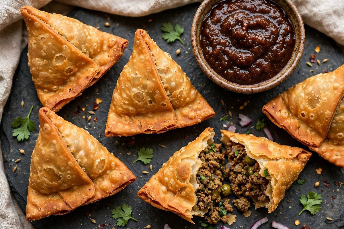 Keema Samosas — finished dish, photographed from above