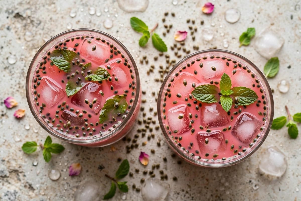Rooh Afza Sharbat with Basil Seeds — finished dish, photographed from above