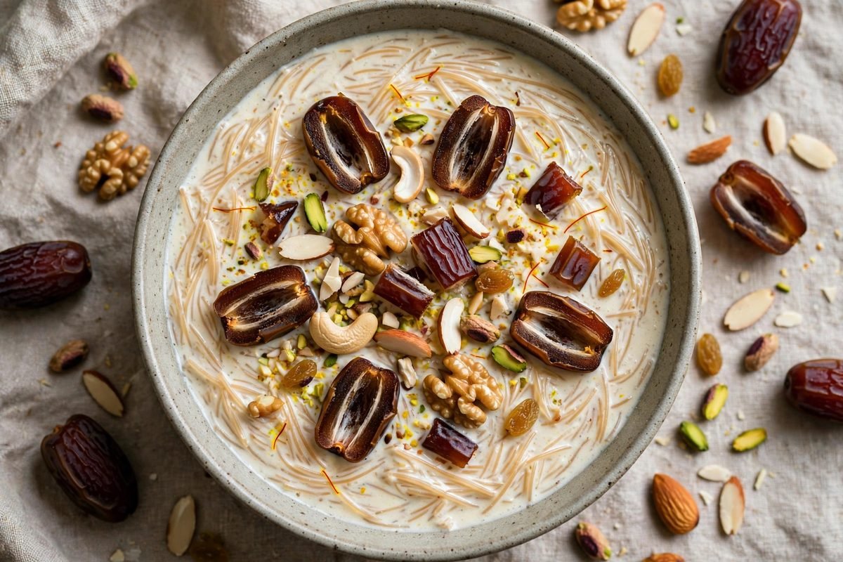Sheer Khurma (Vermicelli & Date Pudding) — finished dish, photographed from above